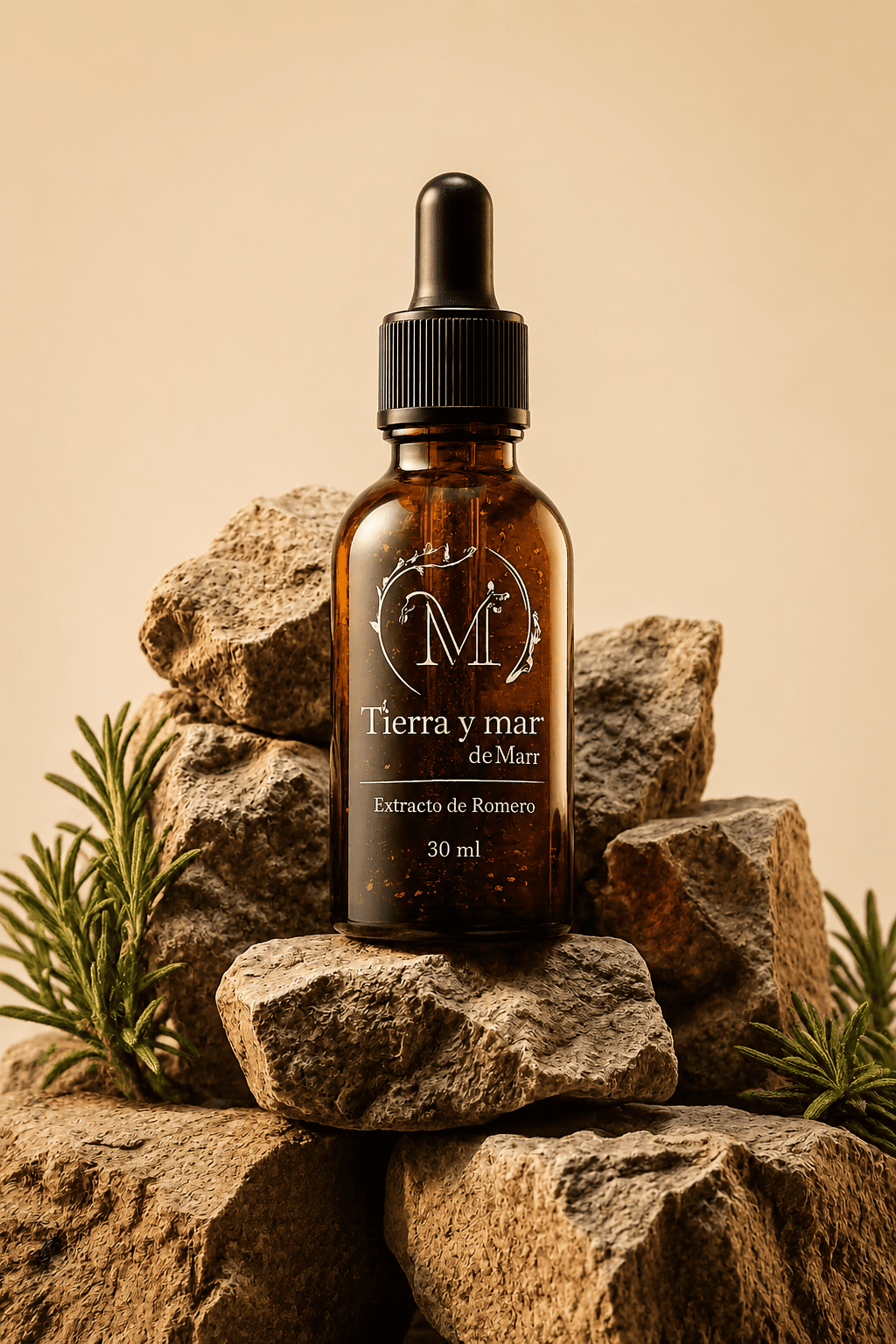 Handcrafted dark soap bar with custom label and branded hang tag designed for Tierra y Mar de Mar — branding and label design by Irene Villa.